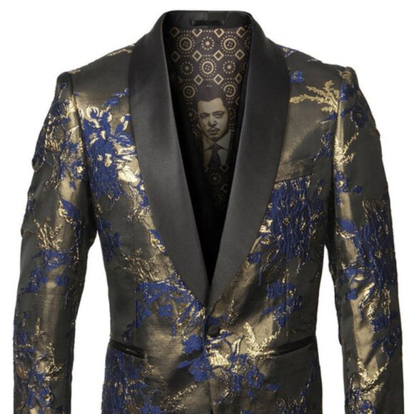 T816 Men'S Shiny Sequins Slim Blazer Paisley Tuxedo Jacket Blue/Gold